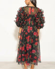 Statement Rose Print Ruffle Sleeve Mesh Maxi Dress