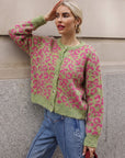 Leopard Print Fluffy Knit Cardigan in Green & Pink
