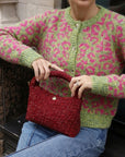 Leopard Print Fluffy Knit Cardigan in Green & Pink