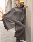 Pleated Cape Top, Vest & Wide Leg Trouser Set In Grey