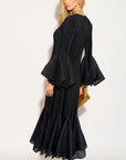 Pleated Fluted Sleeve Handkerchief Hem Maxi Dress with Belt in Black