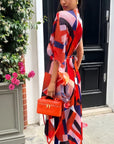 Aztec Print Pleated Dress in asymmetric sleeves design in Red