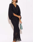 Floral Cutwork Pleated Kimono Sleeve Midi Dress