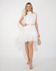 Stand collar shift dress with heavily gathered tiered mesh frills shirt hem design