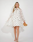 Oversized poker dot print billow dress with blouson sleeves