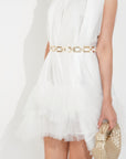 Stand collar shift dress with heavily gathered tiered mesh frills shirt hem design