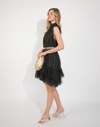 Stand collar shift dress with heavily gathered tiered mesh frills shirt hem design