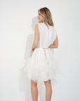 Stand collar shift dress with heavily gathered tiered mesh frills shirt hem design