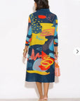 Playful Abstract Print Full Pleated Shirt Dress