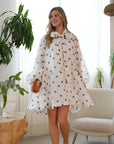 Oversized polka dot print billow dress with blouson sleeves