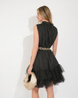 Stand collar shift dress with heavily gathered tiered mesh frills shirt hem design