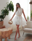Stand collar shift dress with heavily gathered tiered mesh frills shirt hem design