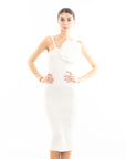 Knitted stretch cotton Bodycon midi dress with Camellias Brooches in white