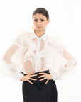 Multi Layer ruffles design sheer organza shirt in White