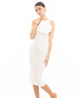 Knitted stretch cotton Bodycon midi dress with Camellias Brooches in white