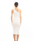 Knitted stretch cotton Bodycon midi dress with Camellias Brooches in white
