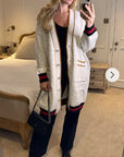 Jacquard design knit Long Cardigan with Gold Trim design in wHITE