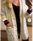 Jacquard design knit Long Cardigan with Gold Trim design in wHITE