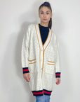 Jacquard design knit Long Cardigan with Gold Trim design in wHITE