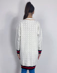 Jacquard design knit Long Cardigan with Gold Trim design in wHITE