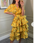 Floral Print Ruffle Multi Layer Hem Design Dress In Yellow