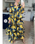 Floral Print Ruffle Multi Layer Hem design maxi long Dress in yellow