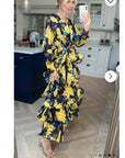 Floral Print Ruffle Multi Layer Hem design maxi long Dress in yellow