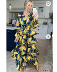 Floral Print Ruffle Multi Layer Hem design maxi long Dress in yellow