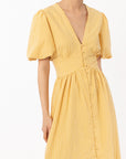 Check print Cotton Blend Puff sleeves midi dress in Yellow