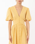 Check print Cotton Blend Puff sleeves midi dress in Yellow