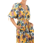 Oversized puff sleeve midi dress in COCONUT TREE Print