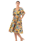 Oversized puff sleeve midi dress in COCONUT TREE Print