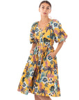 Oversized puff sleeve midi dress in COCONUT TREE Print