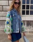 Handknit Floral Patten Sleeves Denim Jacket in Green