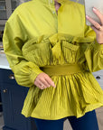 Ruffle design around chest and hem cotton shirt in green