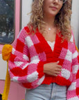 Red White Checked Print Pattern with Big Bow design Hand Knit Cardigan