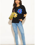 Floral Pattern Embroidered Soft knit Long Sleeves Jumper in black