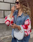 Handknit Floral Patten Sleeves Denim Jacket in Pink