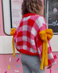 Red White Checked Print Pattern with Big Bow design Hand Knit Cardigan