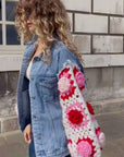 Handknit Floral Patten Sleeves Denim Jacket in Pink