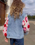 Handknit Floral Patten Sleeves Denim Jacket in Pink