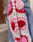 Handknit Floral Patten Sleeves Denim Jacket in Pink