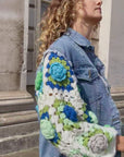 Handknit Floral Patten Sleeves Denim Jacket in Green