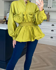 Ruffle design around chest and hem cotton shirt in green