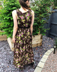 Chiffon Cross Wrap Maxi Dress in brown floral print