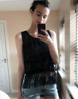 Tassel Fringed Hem Lace Vest (Black)