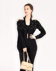 Cardigan with pearl embellishment on shoulder in black