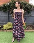 Floral Print Chiffon Pleated Bust & Sweetheart Neckline Maxi Dress