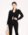 Cardigan with pearl embellishment on shoulder in black