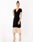 Soft Knitted Ribbed Midi Button down Bodycon Dress In Black Beige Contrast Design